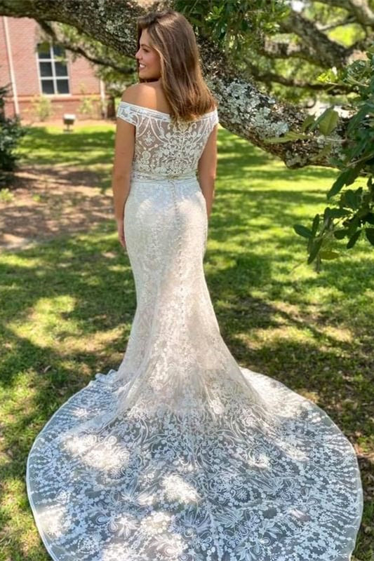 White Lace Off Shoulder Mermaid Long Court Wedding Dress