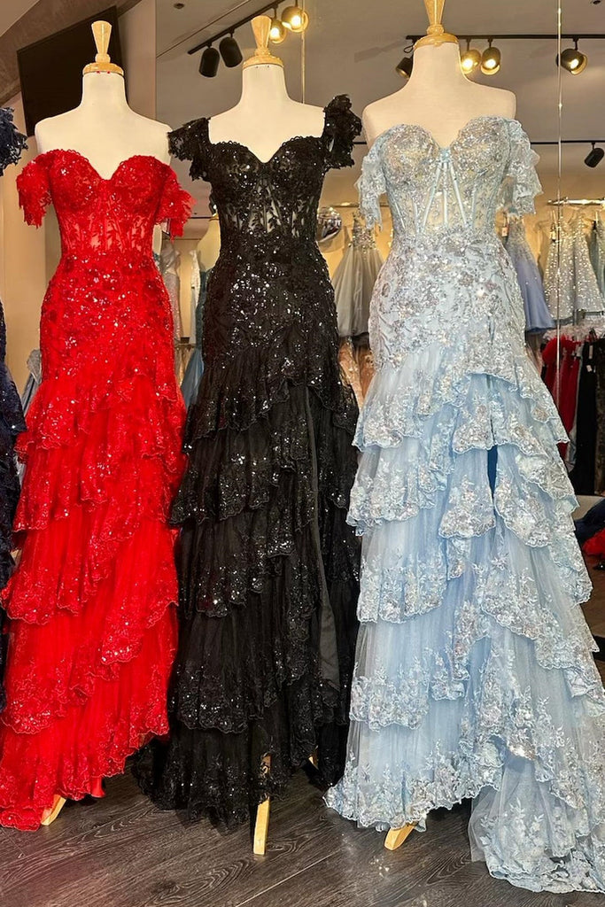 Off Shoulder Sequin Lace Tulle Tiered Long Sweep Train Prom Dress, Slit