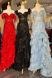 Off Shoulder Sequin Lace Tulle Tiered Long Sweep Train Prom Dress, Slit