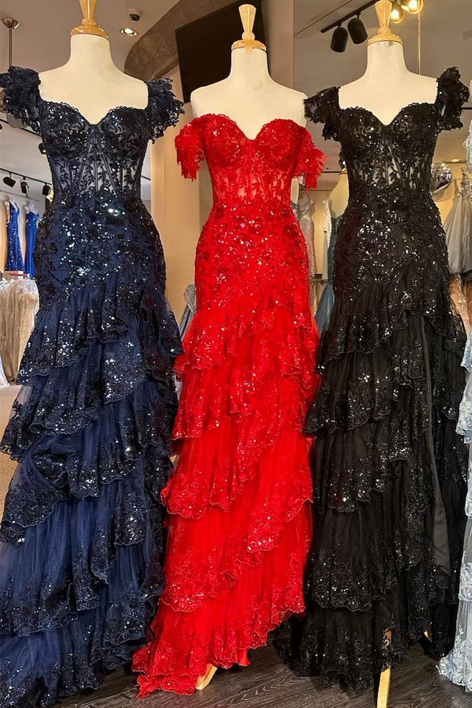 Off Shoulder Sequin Lace Tulle Tiered Long Sweep Train Prom Dress, Slit