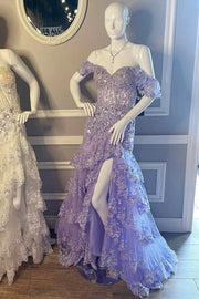 Off Shoulder Sequin Lace Tulle Tiered Long Sweep Train Prom Dress, Slit