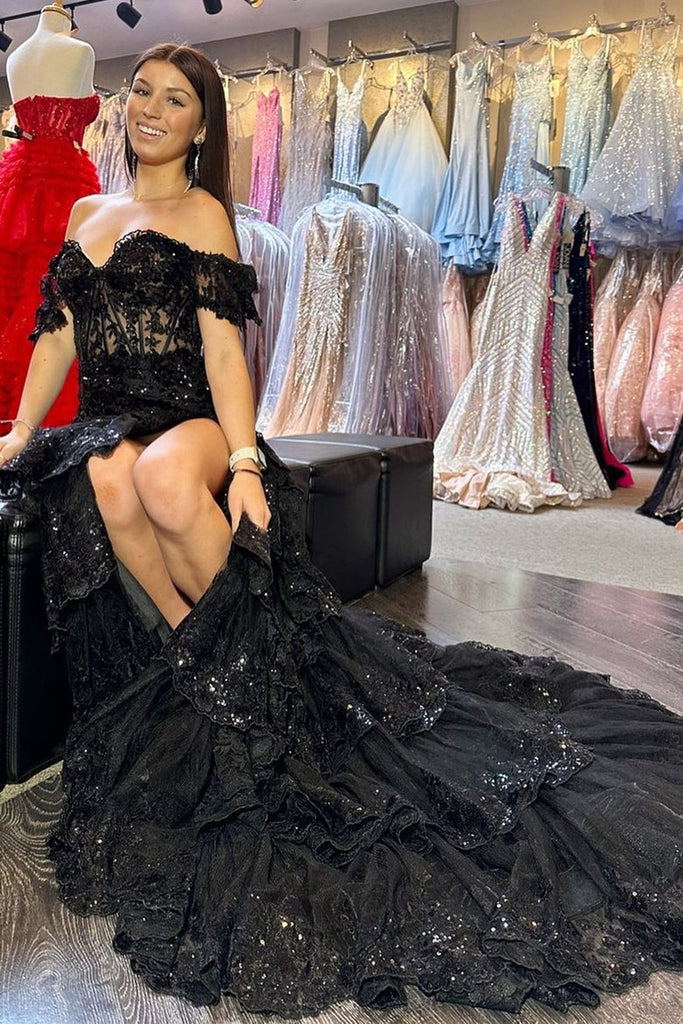 Off Shoulder Sequin Lace Tulle Tiered Long Sweep Train Prom Dress, Slit