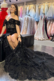 Off Shoulder Sequin Lace Tulle Tiered Long Sweep Train Prom Dress, Slit