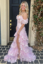 Off Shoulder Sequin Lace Tulle Tiered Long Sweep Train Prom Dress, Slit