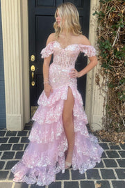 Off Shoulder Sequin Lace Tulle Tiered Long Sweep Train Prom Dress, Slit