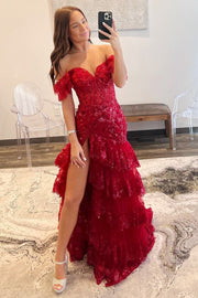 Off Shoulder Sequin Lace Tulle Tiered Long Sweep Train Prom Dress, Slit