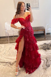 Off Shoulder Sequin Lace Tulle Tiered Long Sweep Train Prom Dress, Slit