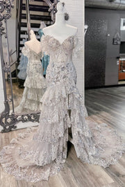 Off Shoulder Sequin Lace Tulle Tiered Long Sweep Train Prom Dress, Slit
