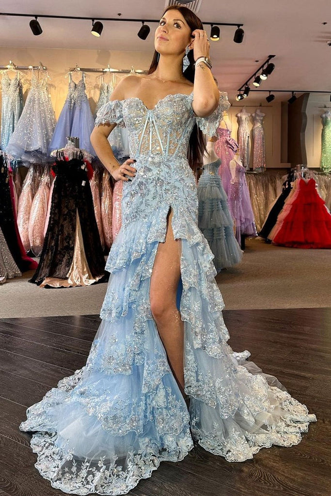 Off Shoulder Sequin Lace Tulle Tiered Long Sweep Train Prom Dress, Slit
