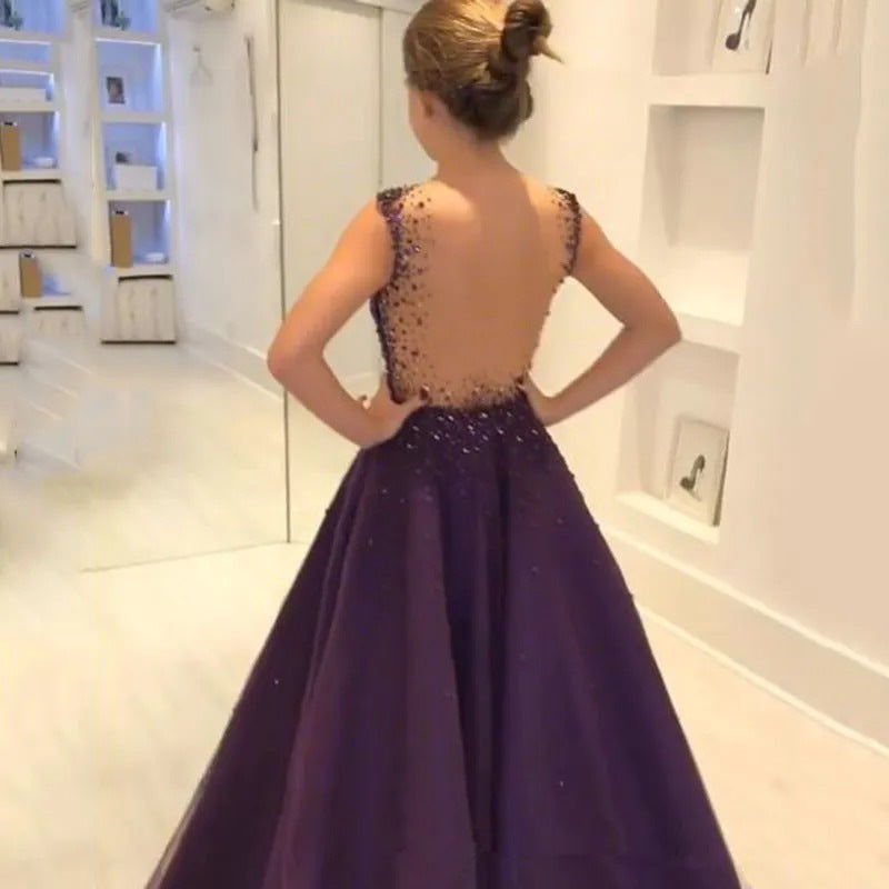 open lace back dress Scoop Neck Illusion Back Sleeveless A-Line Floor Length Purple Stain Prom Dress, Crystal