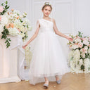 Asymmetrical Neck White Tulle Layered Sleeveless Tea Length Girl's Party Dress