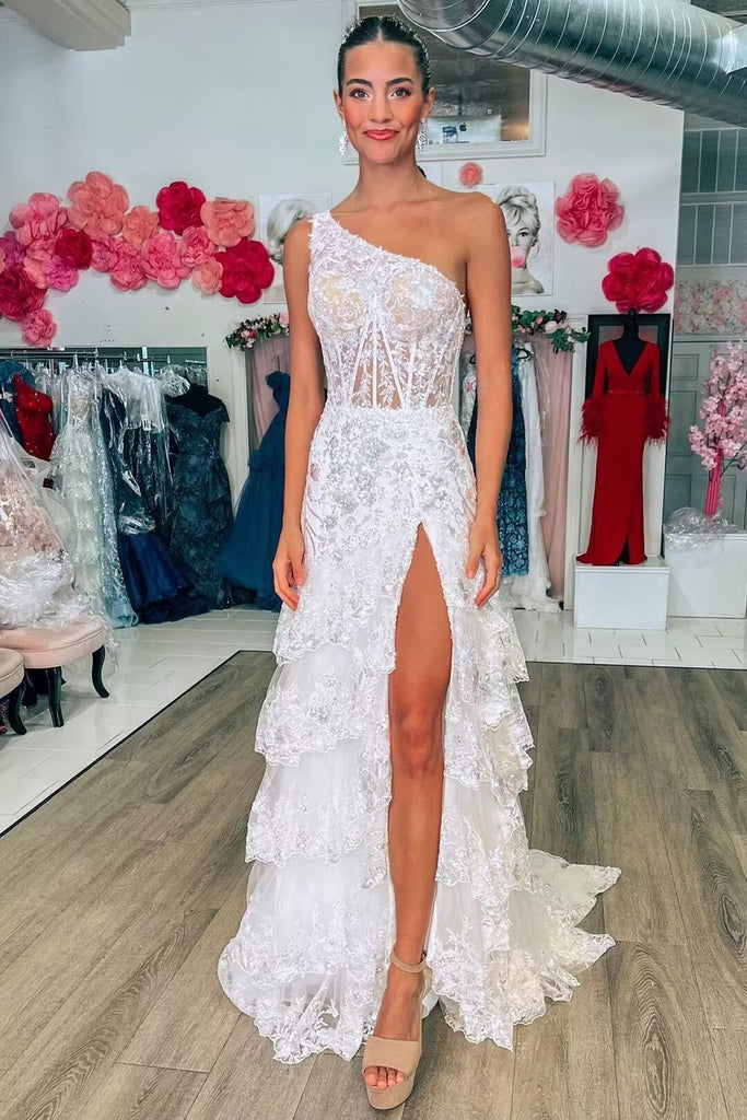Sleeveless One Shoulder Lace Sequined Tulle Ruffled Tiered Long Prom Gown, Slit
