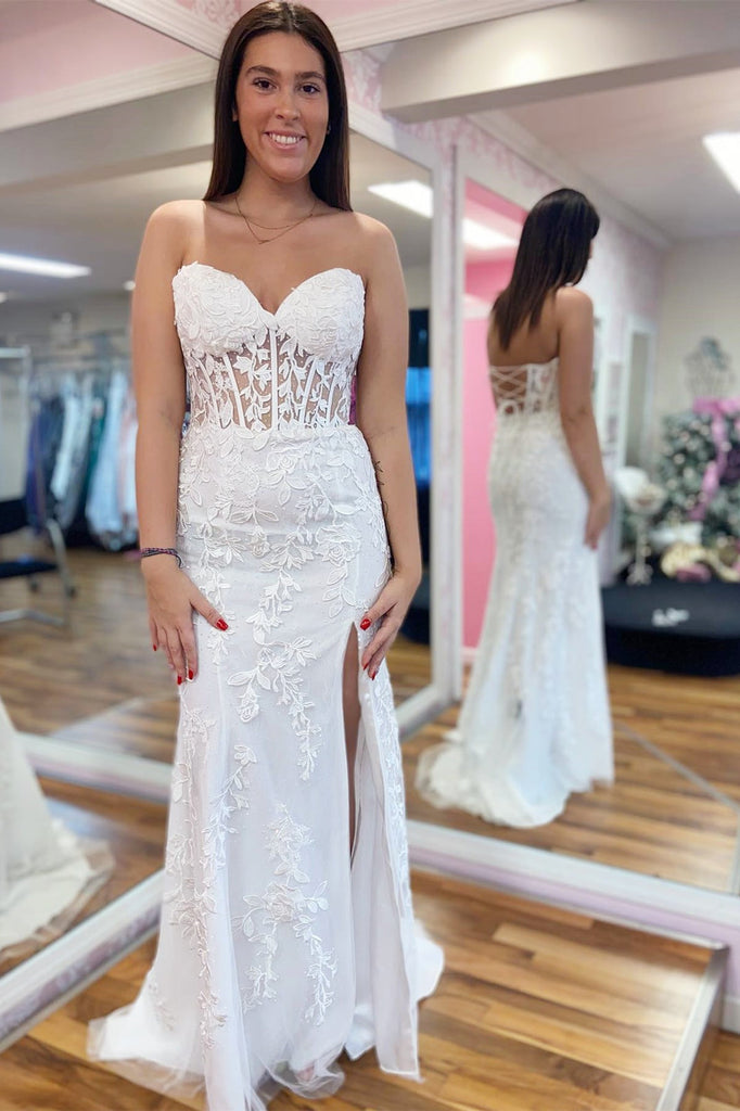 Mermaid Strapless Sweetheart Tulle Long Sweep Formal Party Prom Dress, Slit