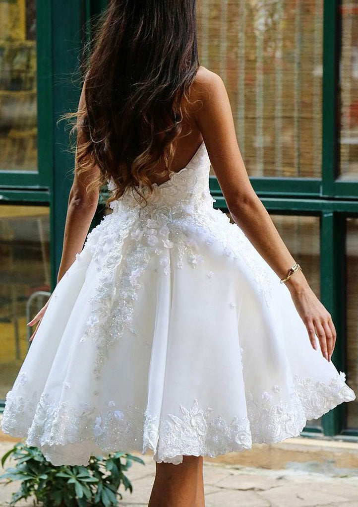 Ball Gown Ivory Satin Strapless Short Wedding Dress, Beaded Lace Ball Gown Ivory Satin Strapless Short Wedding Dress, Beaded Lace