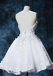 Ball Gown Ivory Satin Strapless Short Wedding Dress, Beaded Lace