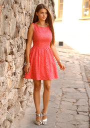 A-line Bateau Sleeveless Short Mini Coral Lace Prom Dress