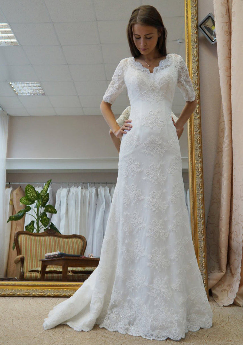 A-Line Scalloped Neck Ivory Lace Tulle Sweep Wedding Dress, Buttons main image 1