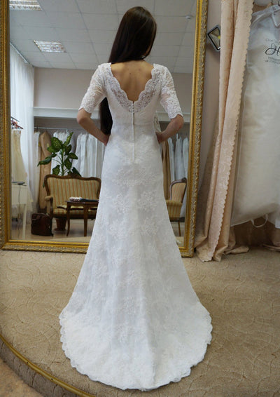 A-line Scalloped Neck Half Sleeve Sweep Lace Wedding Dress