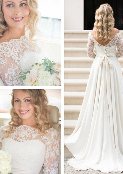 A-line Scalloped Neck Long Sleeve Sweep Lace Satin Vestido de novia, Sash