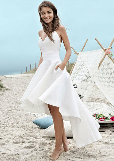 A-line V Neck Straps Sleeveless High Low Satin Wedding Dress