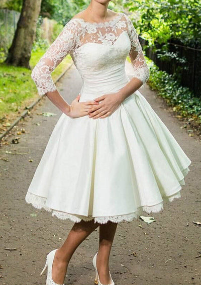 Bateau 3/4 manga joelho-comprimento marfim renda cetim vestido de casamento