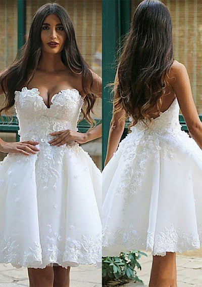 Ball Gown Ivory Satin Strapless Short Wedding Dress, Beaded Lace
