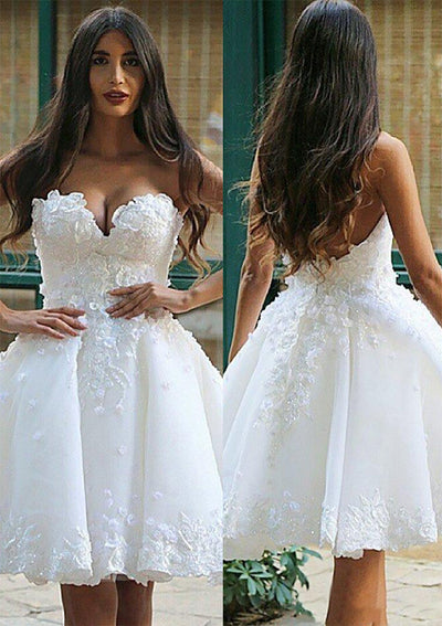 Vestido de baile Marfim cetim Strapless vestido de casamento curto, Beaded Lace