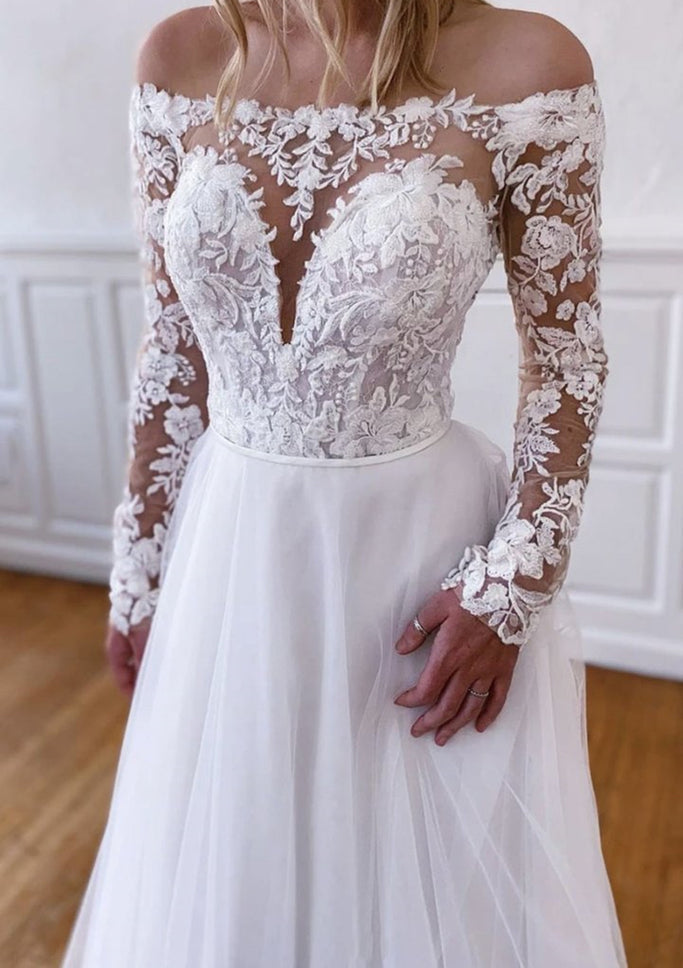 A-Line Off Shoulder Illusion Long Sleeve Sweep Tulle Lace Wedding Dress A-Line Off Shoulder Illusion Long Sleeve Sweep Tulle Lace Wedding Dress