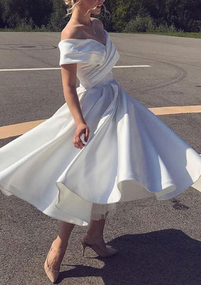 A-line Off Shoulder White Satin Tea-Length Homecoming Dress
