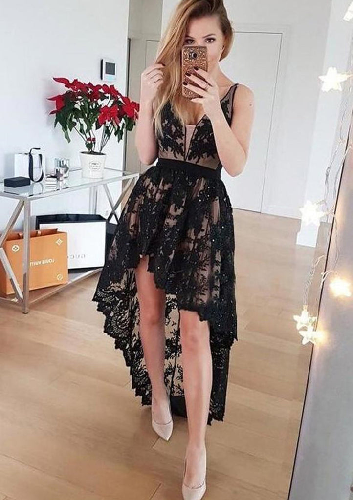 A linha V pescoço mangas Lace cetim assimétrico Homecoming vestido, lantejoulas