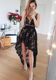 A linha V pescoço mangas Lace cetim assimétrico Homecoming vestido, lantejoulas