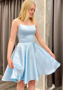 A-line Square Neck Sleeveless Strap Satin Short Mini Homecoming Dress