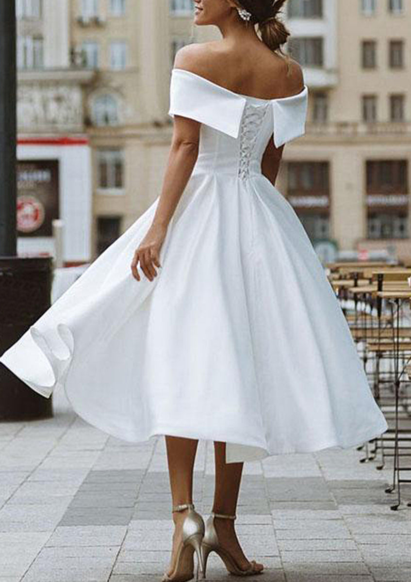 A-line Off Shoulder White Satin Tea-Length Homecoming Dress A-line Off Shoulder White Satin Tea-Length Homecoming Dress