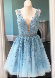 A-line V Neck Sleeveless Lace Tulle Short Mini Homecoming Dress, Beaded