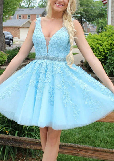 A-line V Neck Sleeveless Lace Tulle Short Mini Homecoming Dress, Beaded