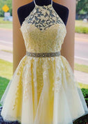 Halter Sleeveless Lace Tulle A-line Short Mini Homecoming Dress, Beaded