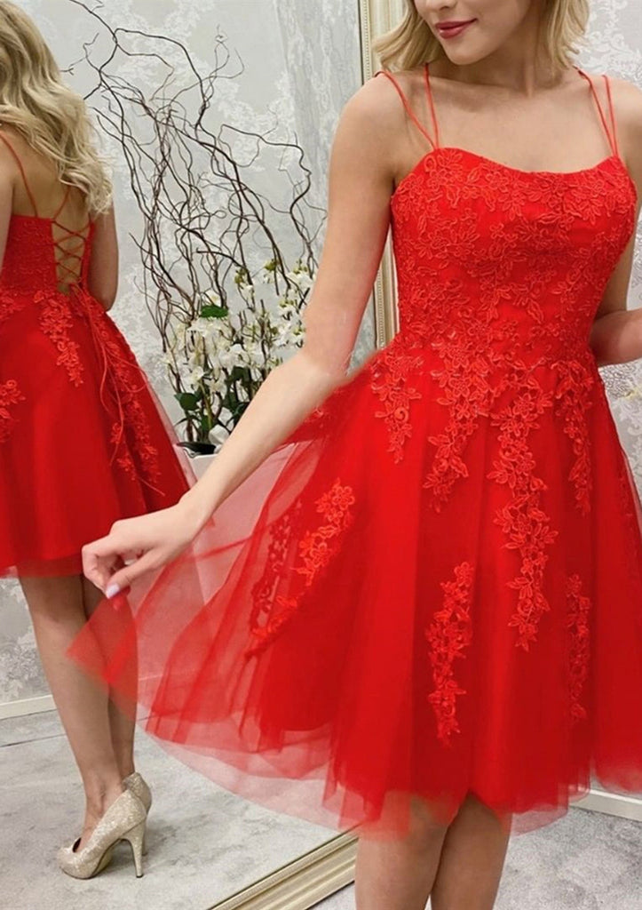 A-line cinghie senza maniche in pizzo rosso Tulle corto Mini abito da casa