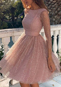 Glitter Bateau 3/4 Sleeve Metallic Yarn A-line Short Homecoming Dress