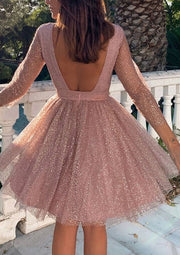 Glitter Bateau 3/4 Sleeve Metallic Yarn A-line Short Homecoming Dress