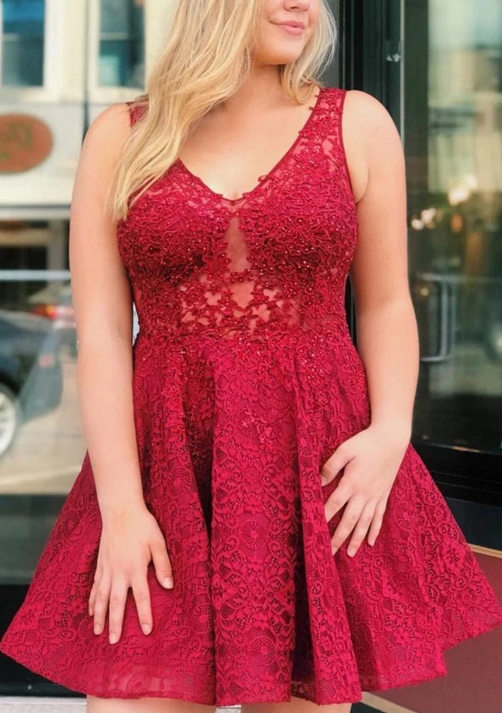 Borgogna pizzo V collo senza maniche A-line Mini abito da ballo, Perline
