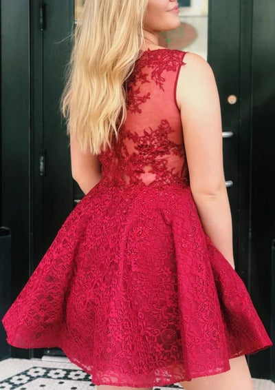 Burgundy Lace V Neck Sleeveless A-line Mini Homecoming Dress, Beading