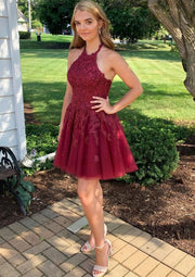 A-line Halter Backless Lace Tulle Short Prom Cocktail Party Dress, Beaded