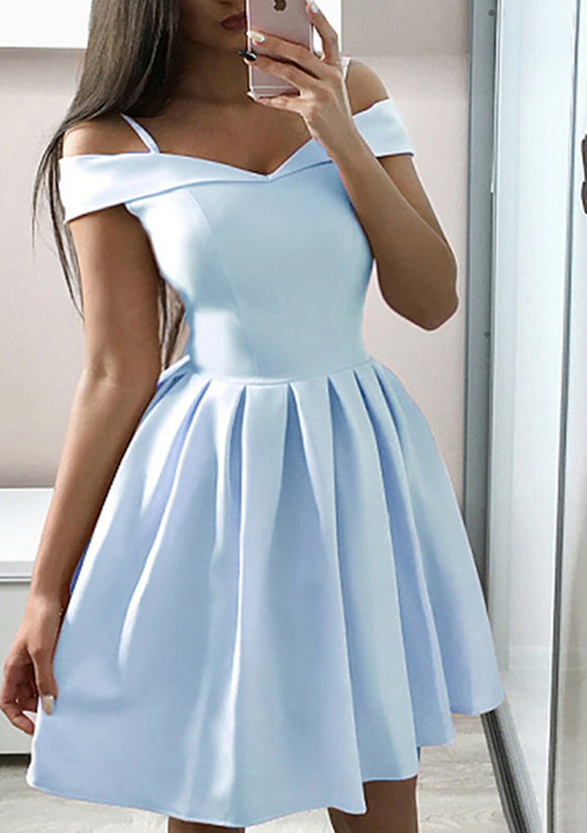 short satin v neck off the shoulder homecoming dresses Red Satin Off The Shoulder Short Homecoming Dress Red / 12