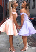 A-line Off Shoulder Satin Short Mini Homecoming Robe, Sash