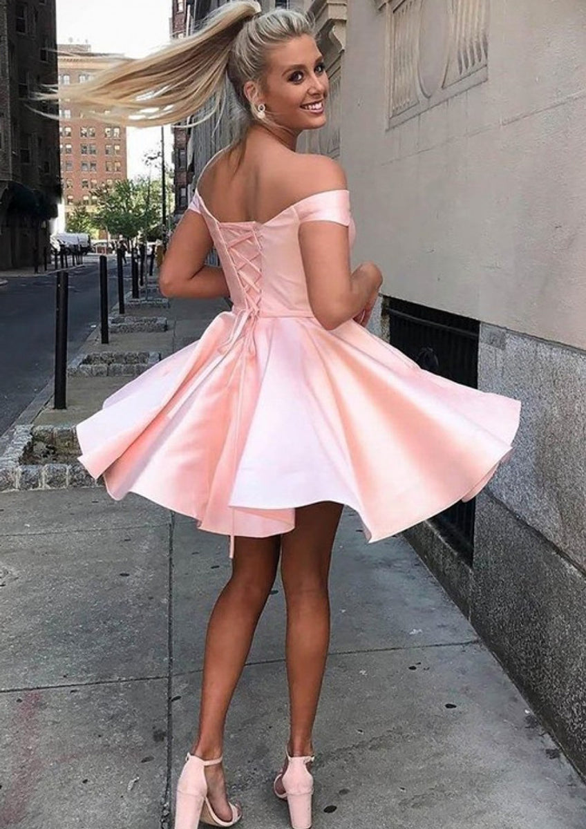 Off Shoulder Satin Short Dress with Pockets Sky Blue