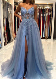 A-line V Neck Spaghetti Straps Long/Floor-Length Tulle Prom Dress With Beading Sequins Split