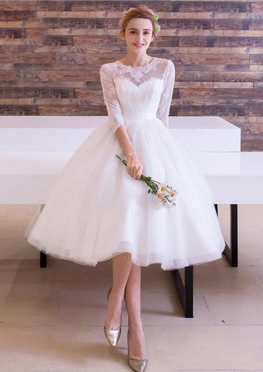 Vestido de novia corto de tul con encaje hasta la pantorrilla y manga -  Princessly, image size:848x1200