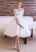 3/4 Sleeve Calf Length Lace Tulle Ball Gown Short Wedding Dress