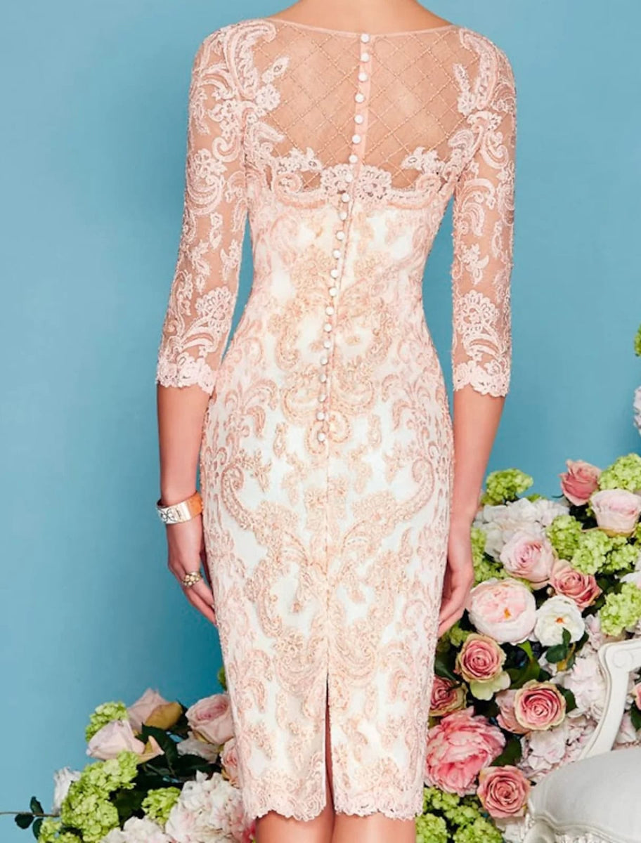 3/4 Sleeve Sheer Chiffon Lace Two Piece Sheath Mother of Bride Dress, Beaded Lace 3/4 Sleeve Sheer Chiffon Lace Two Piece Sheath Mother of Bride Dress, Beaded Lace