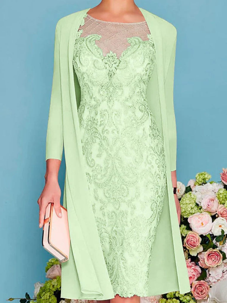 3/4 Sleeve Bateau Chiffon Lace Two Piece Sheath Mother of
